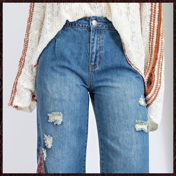 EASEL "I Got A Feeling" Bell Bottom Denim Pant W/Contrast Patchwork At The Sides - Picture 9 of 16